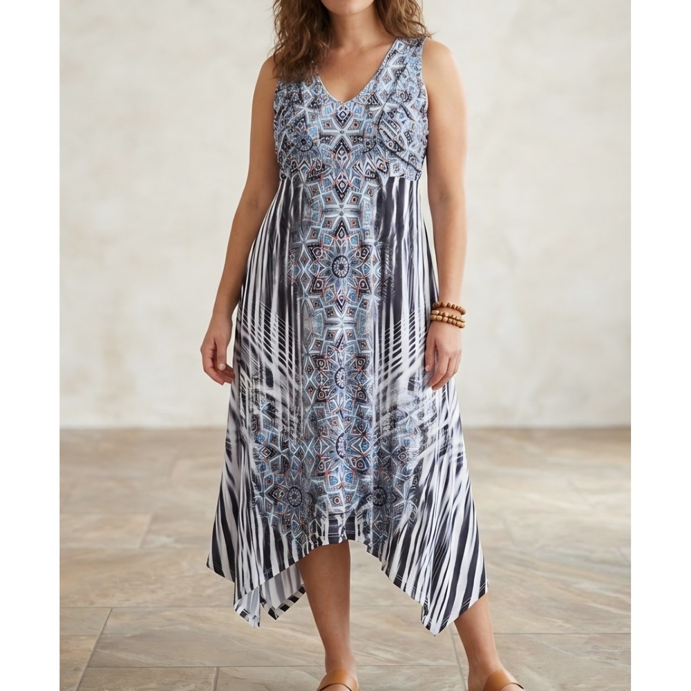 Style & Co Womens Large Mixed Print Mandala Zebra Sharkbite Hem V-Neck Dress